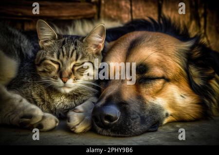 Due compagni improbabili, un cane e un gatto, che dormono pacificamente insieme, un heartwarming ricorda che l'amore e l'amicizia possono trascendere le differenze e portare la gioia alle nostre vite Foto Stock