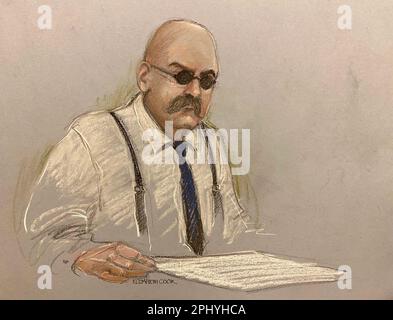 Foto del file datata 06/03/23 del disegno dell'artista di corte di Elizabeth Cook del famigerato inmate Charles Bronson, apparso via video link da HMP Woodhill, durante la sua audizione pubblica alla Royal Courts of Justice, Londra. Il signor Bronson ha perso un'offerta di parole Board per essere liberato dalla prigione. La decisione viene dopo che uno dei prigionieri più longevi del Regno Unito - che ha cambiato il suo cognome in Salvador nel 2014 - ha partecipato a una delle prime audizioni pubbliche di parole del paese all'inizio di questo mese. Data di emissione: Giovedì 30 marzo 2023. Foto Stock