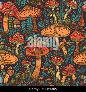 Modello senza cuciture con funghi. Illustrazione vettoriale in stile vintage. Foto Stock