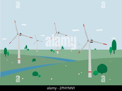 Mulini a vento su verdi colline con cielo blu e nuvole. Eco energia in natura concetto. Illustrazione vettoriale. Illustrazione Vettoriale
