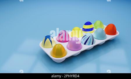 Uova di Pasqua colorate collocate in un vassoio di uova su sfondo blu 3D Illustrazione Foto Stock
