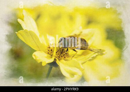 Primo piano di un'ape, o Honeybee. Apis mellifera pittura digitale acquerello raccolta polline da un giardino giallo fiore in estate. Foto Stock