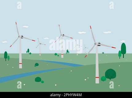 Mulini a vento su verdi colline con cielo blu e nuvole. Eco energia in natura concetto. Illustrazione vettoriale. Illustrazione Vettoriale