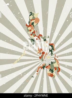 Mappa d'epoca delle Filippine. Poster grunge con mappa del paese in una tavolozza di colori rétro. Forma delle Filippine con sfondo a raggi solari. Illustrazione Vettoriale