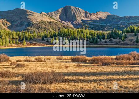 Lago Little Molas, Snowdon Peak in Distance, Needle Mountains, San Juan Mountains, San Juan National Forest, Colorado, Stati Uniti Foto Stock