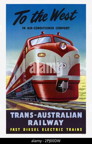 A ovest nel comfort dell'aria condizionata. Trans-Australian Railway. Treni elettrici diesel veloci. Artista sconosciuto. Poster pubblicato nel 1951. Foto Stock