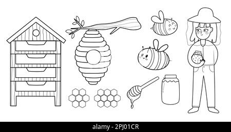 Set di elementi di api e miele bianco e nero. Ragazza apicoltore che tiene un vaso con miele Illustrazione Vettoriale