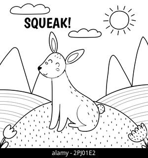 Coniglio che dice stridio stampa in bianco e nero. Carino carattere fattoria su un pascolo verde che fa un suono Illustrazione Vettoriale