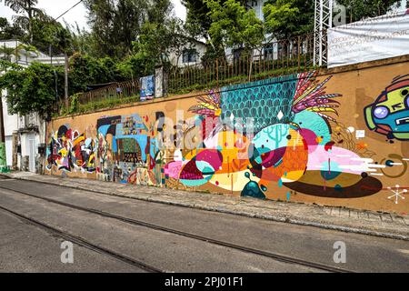 I murales di Street art Graffiti fiancheggiano le strade e i vicoli di Rio de Janeiro, specialmente nei quartieri di Santa Teresa e Lapa, Brasile Foto Stock