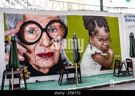 I murales di Street art Graffiti fiancheggiano le strade e i vicoli di Rio de Janeiro, specialmente nei quartieri di Santa Teresa e Lapa, Brasile Foto Stock