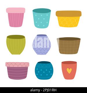 Set di vasi di fiori Doodle. Collezione di vasi di piante colorate in stile cartoon. Elementi decorativi Illustrazione Vettoriale