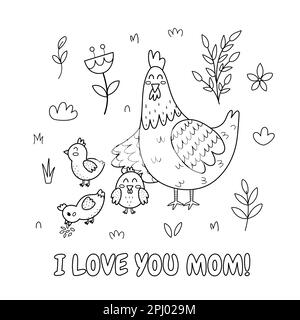 Ti amo mamma sempre stampa in bianco e nero con un simpatico pollo madre e il suo pulcino bambino Illustrazione Vettoriale