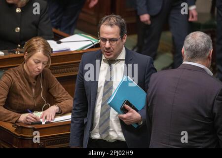 Bruxelles, Belgio. 30th Mar, 2023. David Clarinval, ministro dell'Agricoltura e delle PMI, ha illustrato nel corso di una sessione plenaria della Camera al Parlamento federale a Bruxelles giovedì 30 marzo 2023. FOTO DI BELGA NICOLAS MAETERLINCK Credit: Belga News Agency/Alamy Live News Foto Stock