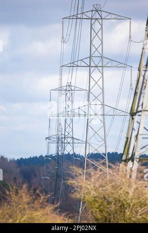 Tralicci elettrici nelle campagne del Regno Unito che trasportano linee elettriche aeree ad alta tensione. Foto Stock
