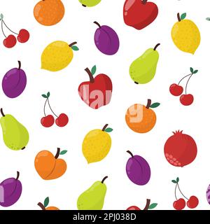 Frutta fresca modello senza cuciture in stile cartone animato. Cibo sano doodle sfondo Illustrazione Vettoriale