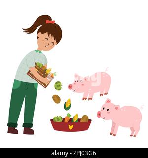 La ragazza dà cibo ai maiali. Coltivatore alimenta gli animali. Caratteri della fattoria elementi isolati in stile cartone animato Illustrazione Vettoriale