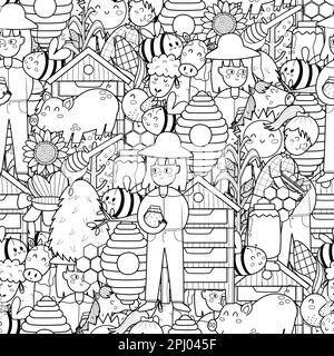 Ape e apicoltore con motivo bianco e nero senza cuciture. Pagina da colorare con divertenti personaggi della fattoria Illustrazione Vettoriale