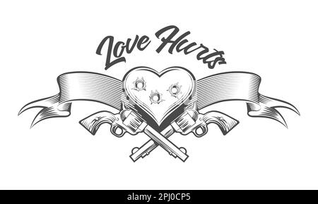 Tatuaggio di Bullet cuore trafitto con Revolver, nastro e wording Love Hurts isolato su bianco. Illustrazione vettoriale Illustrazione Vettoriale