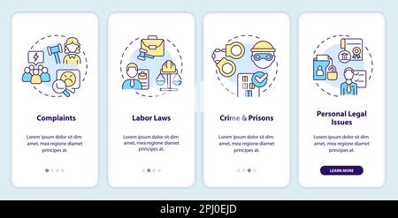 Schermo dell'app mobile di onboarding per leggi e questioni legali Illustrazione Vettoriale
