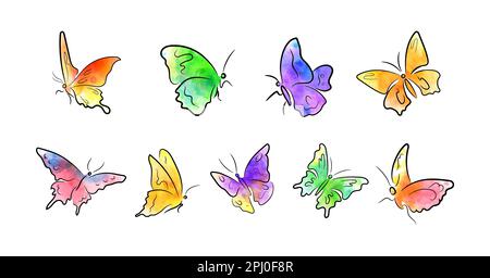 Disegno pennello farfalle con colorazione chiara acquarelle Illustrazione Vettoriale