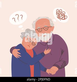 Vecchia coppia di adulti ansia salute mentale illustrazione vettore. Ansioso e confuso anziana signora e uomo anziano. Nonni in stress dando abbracci. Maturo Illustrazione Vettoriale