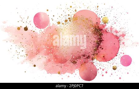 spruzzi dipinti a mano bagnata rosa acquerello spruzzi d'oro glitter Illustrazione Vettoriale