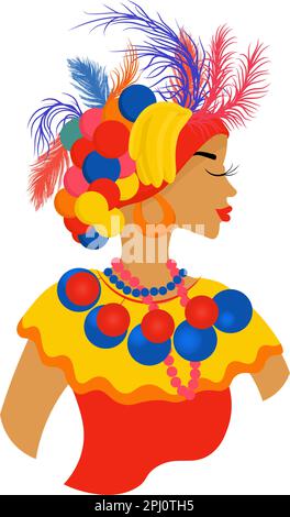 Ritratto di donna colombiana in costume da carnevale. Donna ispanica in abiti colorati con frutta e piume. Illustrazione Vettoriale