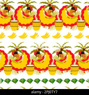 Happy Carnival, Colombia, Carnevale del Sud America con ballerini e musicisti di samba. Seamless Border festival colombiano Illustrazione Vettoriale