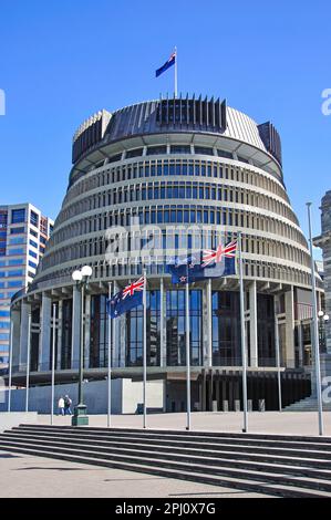 Nuova Zelanda governo "alveare" e l'edificio del Parlamento. Lambton Quay, Wellington, Regione di Wellington, Isola del nord, Nuova Zelanda Foto Stock