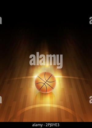 Palla da basket sul parquet di legno luminoso. Illustrazione dell'attrezzatura sportiva. Una sola sfera arancione nel punto luce e sullo sfondo scuro. Illustrazione Vettoriale