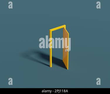 Una porta aperta su sfondo blu vuoto, rendering 3D. Concetto di opportunità, lavoro aperto o carriera, passando al livello successivo Foto Stock