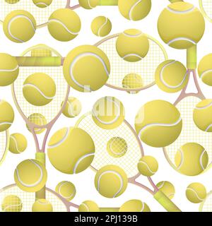 Palle da tennis gialle e racchette senza cuciture modello Illustration.Sport attrezzatura. Palle da tennis e racchette su sfondo bianco. Illustrazione Vettoriale