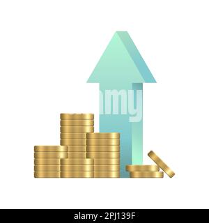 Monete d'oro e freccia su. Pile realistiche di monete. Reddito di denaro contante, aumento. Illustrazione vettoriale isolata su sfondo bianco. Illustrazione Vettoriale