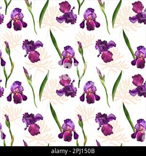 Acquerello senza cuciture: Fiori di iride viola, gemme, foglie verdi ed elemento di pianta rosa. Design floreale con elementi realistici disegnati a mano per il testo Foto Stock