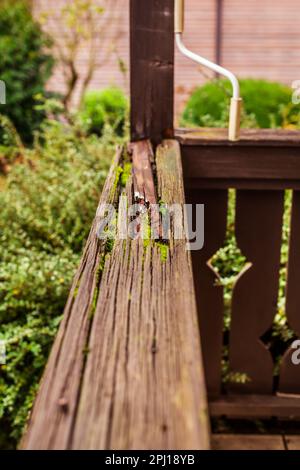 Vecchia terrazza in legno, vecchia ringhiera in legno danneggiata in un giardino, danni dovuti alle condizioni atmosferiche Foto Stock