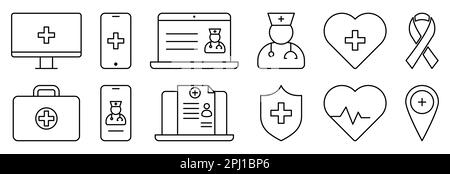 Icone della linea sanitaria digitale. Il design può essere utilizzato per applicazioni Web e mobili. Illustrazione vettoriale Illustrazione Vettoriale