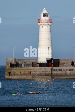 Donaghadee, County Down, Irlanda del Nord, Regno Unito. 30 Mar 2023. Tempo nel Regno Unito – un pomeriggio di sole sulla costa orientale dell'Irlanda del Nord con temperature che raggiungono i 14C°C. Tuttavia, c'è il rischio di una doccia pesante e occasionale. Nuoto in mare aperto e nuotatori nel Mare d'Irlanda a Donaghadee. Credit: David Hunter/Alamy Live News. Foto Stock