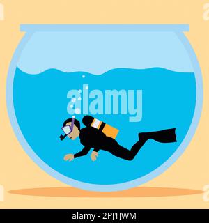 Subacqueo maschile nuotando in Fish Bowl Vector Illustration Foto Stock
