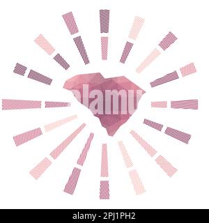 South Carolina Sunburst. Raggi a strisce di polietilene e mappa dello stato degli Stati Uniti. Elegante illustrazione vettoriale. Illustrazione Vettoriale