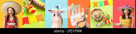 Collage di gente messicana felice con sombrero, chitarra, cibo tradizionale e maracas su sfondo colorato Foto Stock