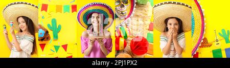 Collage di ragazze messicane con sombrero, maracas, cibo tradizionale e decorazioni su sfondo giallo Foto Stock