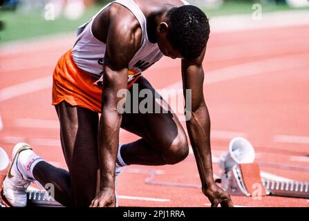 Carl Lewis (USA) gareggia alle prove olimpiche del 1984 per pista e campo Foto Stock