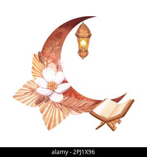 Acquerello luna dorata e lampada lanterna con candela, fiori secchi. Disegno a mano isolato su sfondo bianco. Perfetto per la celebrazione islamica Foto Stock