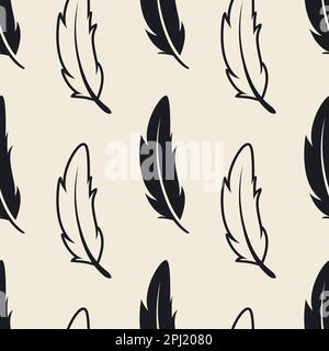 Modello vettoriale senza cuciture con diverse silhouette nere morbide in piuma su sfondo bianco. Modello di disegno di Flamingo, angelo, piume dell'uccello per Illustrazione Vettoriale