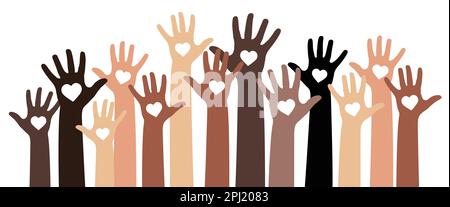 Molte mani di diversi colori della pelle e forme del cuore - concetto di diversità - illustrazione vettoriale Illustrazione Vettoriale