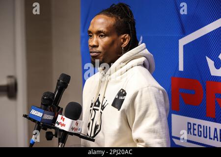 Las Vegas, Nevada, USA. 30th Mar, 2023. Bubba Jenkins parla ai media durante il PFL Las Vegas Media Day 2023 al LINQ Hotel Experience di Las Vegas, Nevada. Christopher Trim/CSM/Alamy Live News Foto Stock