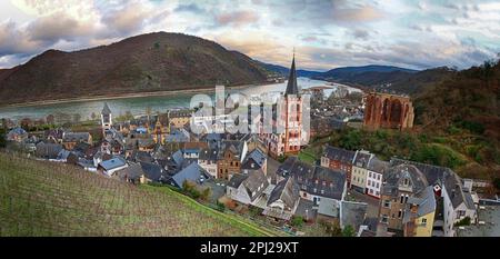 Bacharach (Bacharach am Rhein), dal Postenturm, distretto di Mainz-Bingen, Germania, guardando verso sud Foto Stock