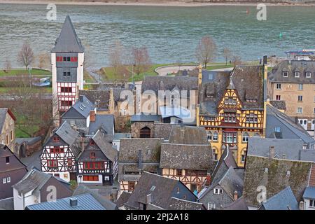 Bacharach (Bacharach am Rhein), dal Postenturm, distretto di Mainz-Bingen, Germania, guardando verso sud Foto Stock