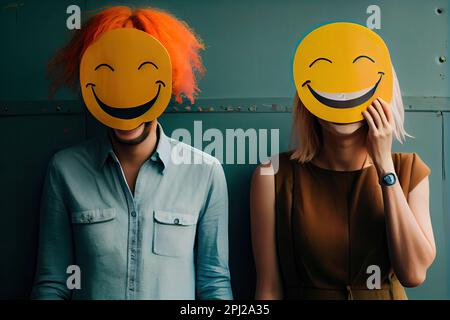 due persone con maschere facciali sorridenti sul viso, una ha i capelli arancioni e l'altra indossa una camicia blu Foto Stock
