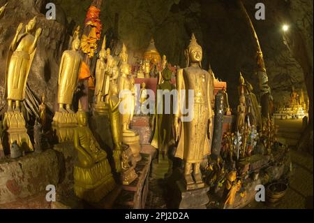 Le grotte di Pak ou o Ting Cave sono importanti per il popolo del Laos. Perché è il tuo tempio sul fiume Mekong con centinaia di immagini di Buddha all'interno. Foto Stock